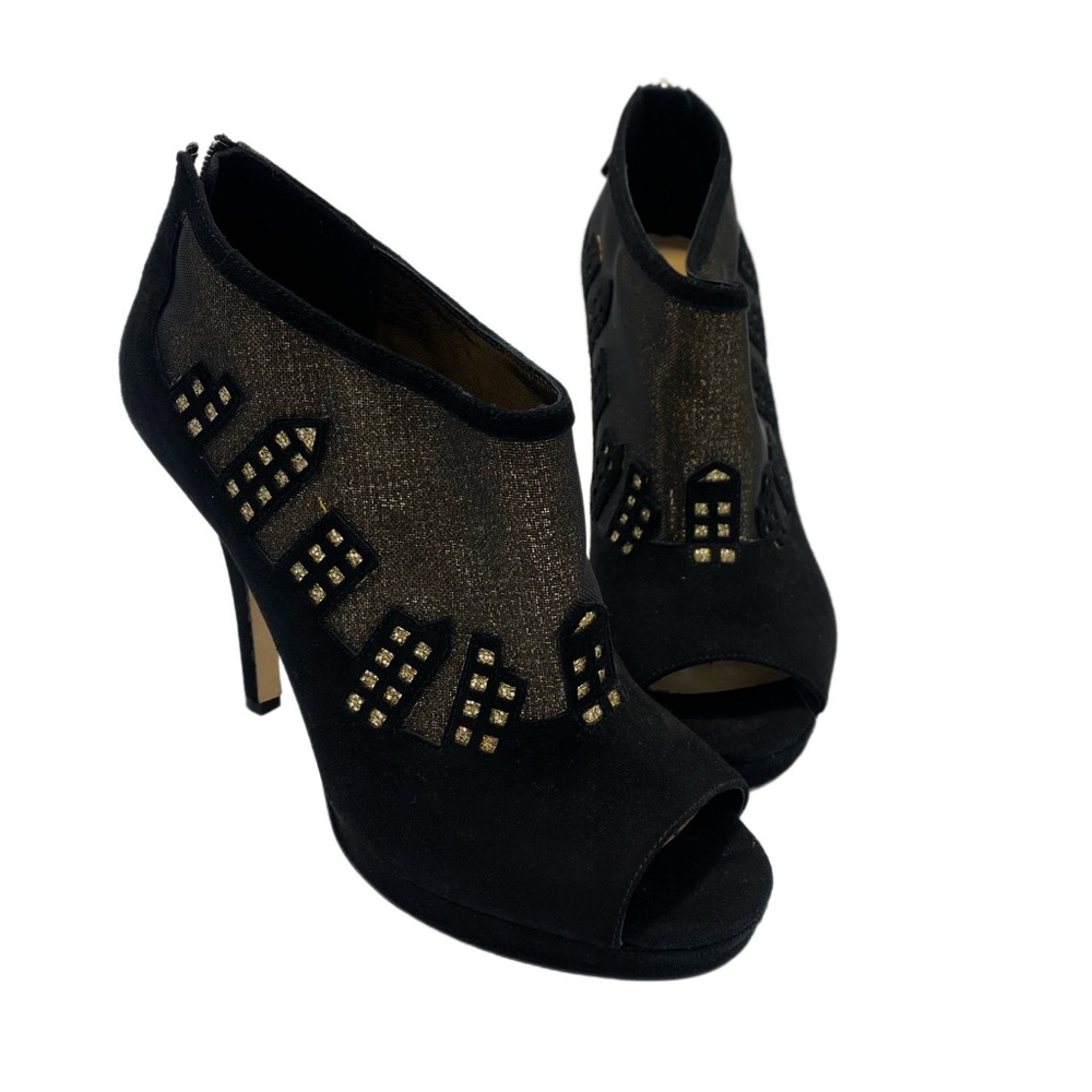 KSNY Peep-Toed Black Suede Golden City Scape Ankle Boot Heels Size 8
